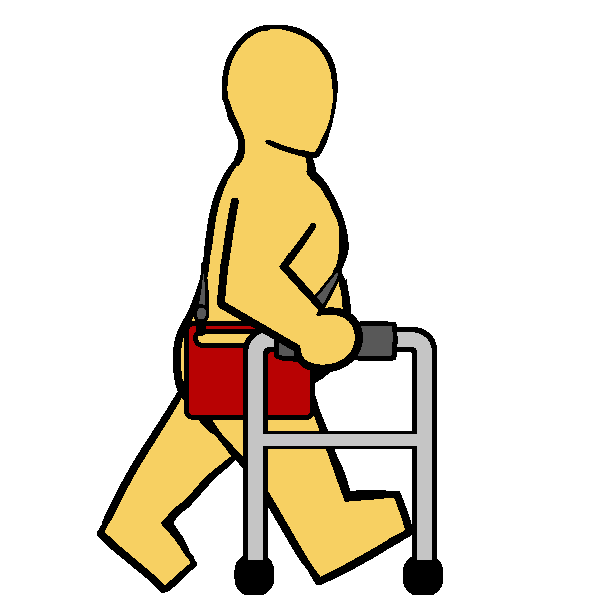 A yellow fat person with a gray walker and a red AAC device on a shoulder strap walking.